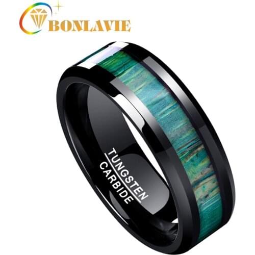 BONLAVIE 100% Tungsten Carbide Male Ring Men Rings Jewelry Green Wood Surface Tungsten Steel Ring Wedding Bands Fine Jewelry