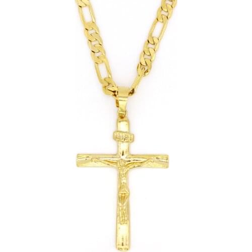 Real 10k Yellow Solid Fine Gold Filled Jesus Cross Crucifix Charm Big Pendant 55*35mm Figaro Chain Necklace 24" 600*6mm