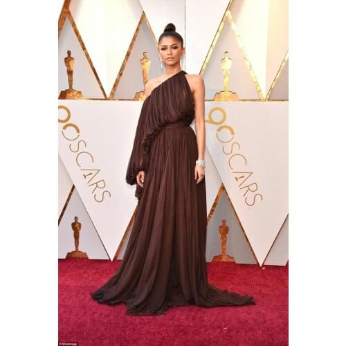 Long Chiffon One Shoulder Celebrity Dresses with Pockets Zipper Back Abendkleider Robes de Soirée for Women