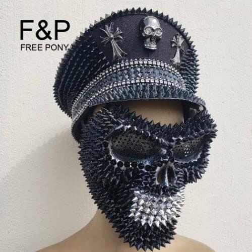 Burning Man Festival Captain Hat officer Military Captains Rave Bespoke Drag Queen Costumes Gothic Skull Headpiece for Halloween