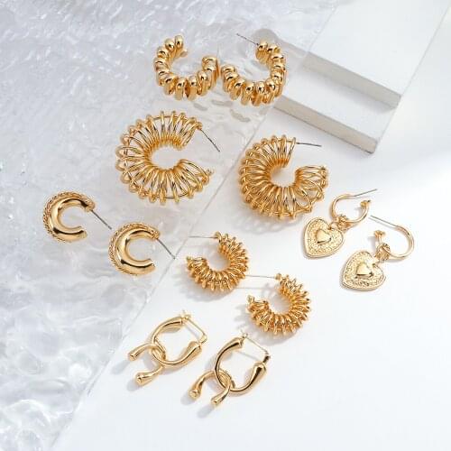 Flashbuy Punk Rose Gold Color Copper Hoop Earrings for Women Fashion C-shapled Love Heart Geometric Earring Huggies Hoop Jewelry