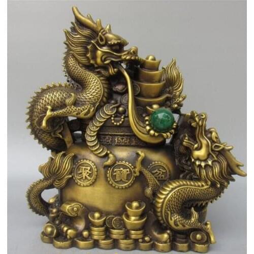Exquisite China Brass 12 Zodiac Year Dragon Loong Luck Treasure Bowl Statue