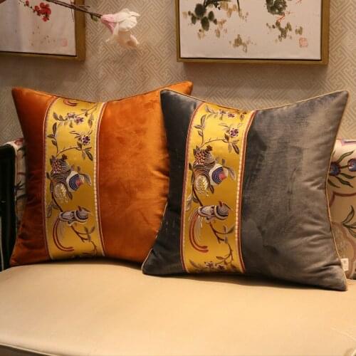 Patchwork Flower Embroidered Cushion Cover Pure Color New Chinese Style Throw Pillow Cases High-grade Pillow Cover Home Decor