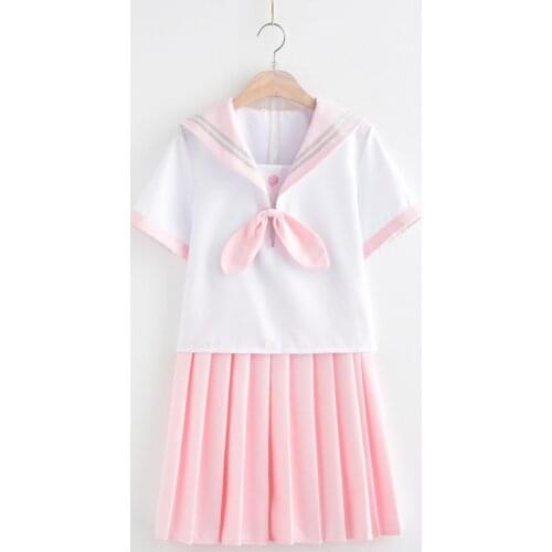 Small Fresh Japanese School Uniform Summer Embroidery Light Pink Skirt short-sleeved+Top Suit Female Students Uniforms C65158AD