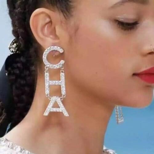 New womens Korean temperament alloy Rhinestone Cha letter long Earrings Fashion Star same Earrings Fashion simple Earrings