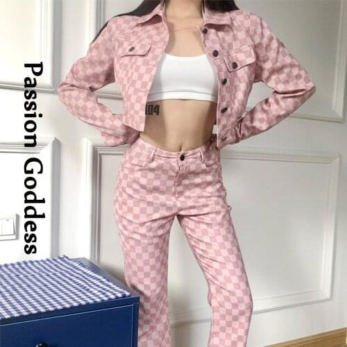 New Women 2 Piece Pink Checkerboard Sets Sweet Cool Tracksuits Single-breasted Jackets High Waist Flare Pants Two Piece Outfits