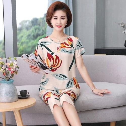 Middle Aged Woman 2PCS Loose Pajamas Suit Summer New Nightwear Big Size L-4XL Sleepwear O-Neck Home Wear Print Casual Mom Pyjama