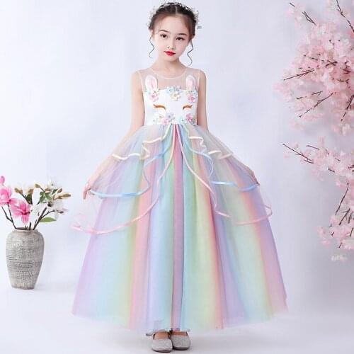 Girl Princess Gradient Rainbow Dresses Birthday Party Perform Embroidery Dress Traditional Kids Dance Wedding Evening Gown