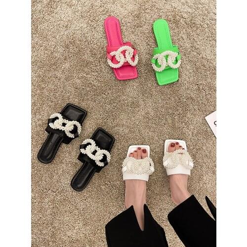 One-Word Sandals Summer New Styles Exquisite Pearls Comfortable Flat-Bottomed Fashion All-Match Outer Wear Ladies Slippers