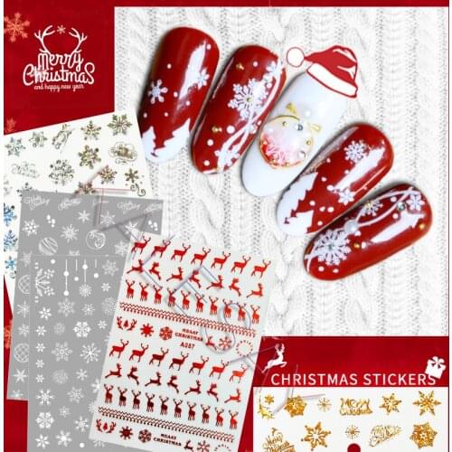 Merry Christmas 3D Nail Art Decals Nail Sticker Manicure Red Laser Gold Silver White Elk Snow Sticker for Nail Design Decoration