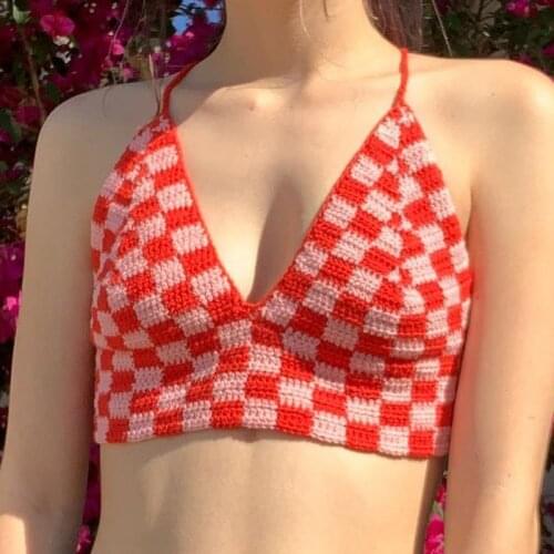 Women Sexy Halter Crop Cami Tops Summer Ladies Sleeveless Self-Tie Backless Plaid Print Crochet Camisole
