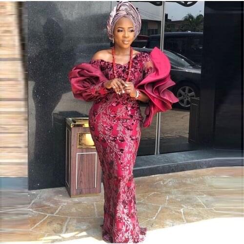 African Pus Size Evening Dresses V Neck Ruffles Long Sleeves Lace Appliques Mermaid Prom Dress Aso Ebi Vestidos De Fiesta