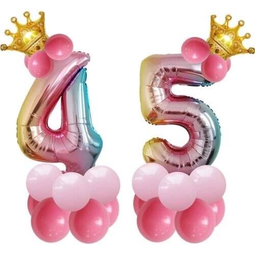 Gradient Number Balloons Baby Shower Wedding Background Decor Accessories Mini Crown Foil Ball Girls Birthday Party Pink Globos