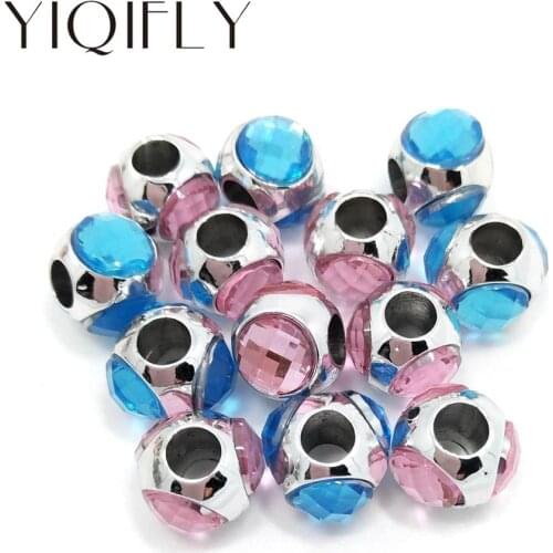 YIQIFLY Free Shipping 30pcs 13mm Heart Mix Blue and Pink Rhinestone Big hole Alloy Beads Fit European Bracelets DIY Not Fade
