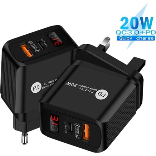 20W PD Quick Charge Type C USB Charger LED Display QC3.0 Fast Wall Charger Mobile Phone Charger For iPhone Samsung Huawei Xiaomi