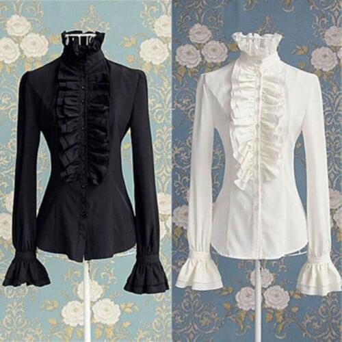 Elegant Lace Frill Stand Collar Shirts Vintage Women Lady Ruffles Flare Sleeve Blouse Solid Slim Tops Flounce OL Shirts