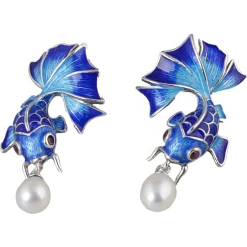 BOCAI new S925 silver womens earrings 925 silver womens silver cloisonné pearl southern red goldfish earrings