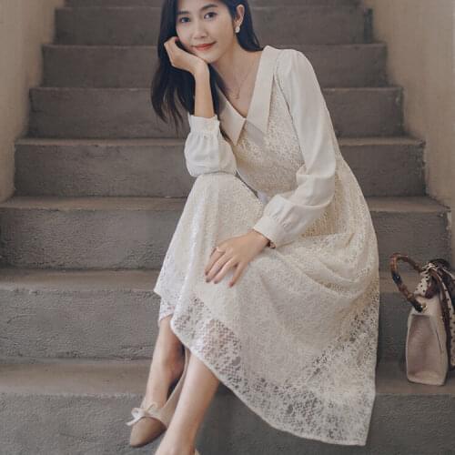 Autumn New Lace Stitching Dress V-neck Long Sleeve Woman Dresses Vestido De Mujer Femme Robe