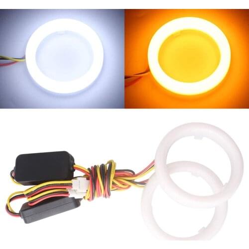 1-Pair 70MM White+Amber Switchback 84SMD 4014 LED Car Angel Eyes Halo Ring Headlight Lamp 12V