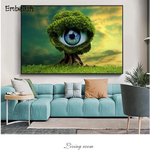 1 Pieces Abstract Biig GreenTree With Eye Landscape Wall Art Pictures For Living Room HD Canvas Home Decor Paintings
