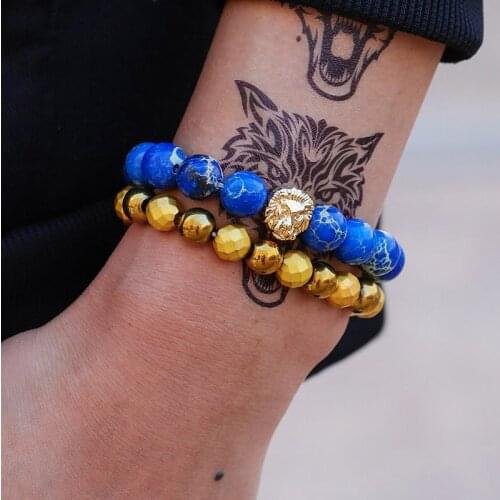 2pcs/set Fashion Men Bracelet 8MM Natural Stone Lion Charm Bracelet Sets Gold Blue Beaded Bracelet Gift Jewelry