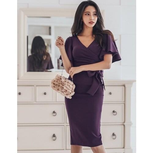 2020 New Summer Sexy V Neck Lotus Leaf Short Sleeve High Waist OL Office Dress Knee-length Purple Party Dress Robe De Soirée