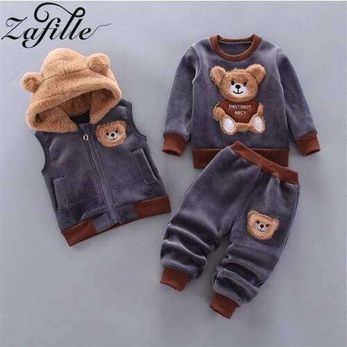 ZAFILLE 1-4Y Toddler Kids Clothes 3pcs Boy Girl Suit Outfit Winter Plush Cartoon Sweatshirt+Pants+Coat Vest Childrens Clothing