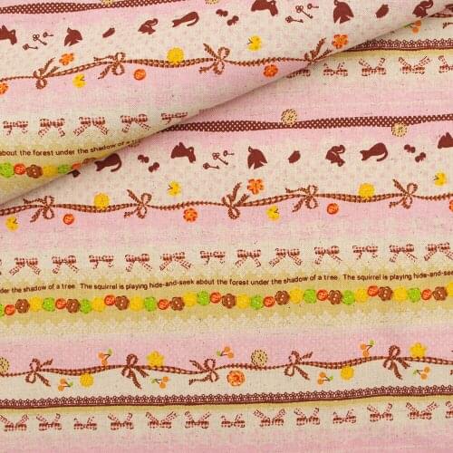 70cmx50cm Cotton Linen Fabric for handmad, bed, bag, curtain Sewing - Stripe, Floer, Cat and bird (pink)(SL004A)