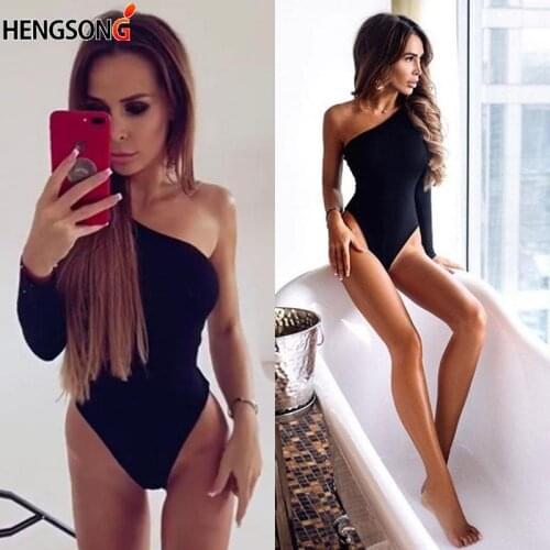 Female Summer Beach Wear Black Women Bodysuit One Shoulder Rompers Long Sleeve Off The Shoulder Bodysuits Overalls For Women
