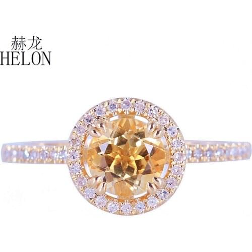 HELON Solid 10k Yellow Gold Flawless Round 1ct Genuine Natural Citrine Diamonds Halo Engagement Wedding Ring Women Fine Jewelry
