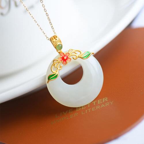 New silver inlaid natural Hetian white Chalcedony ring Enamel Pendant Necklace Chinese style retro charming womens jewelry