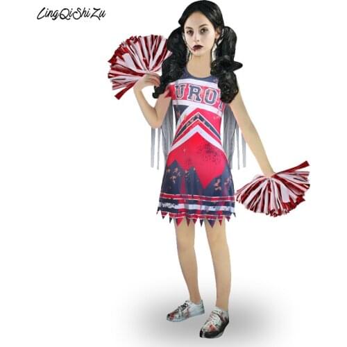 Little Girls Zombie Cheerleader Halloween Costume for Kids Gothic Cheerleader Costume with Pom Poms for Party Dress up