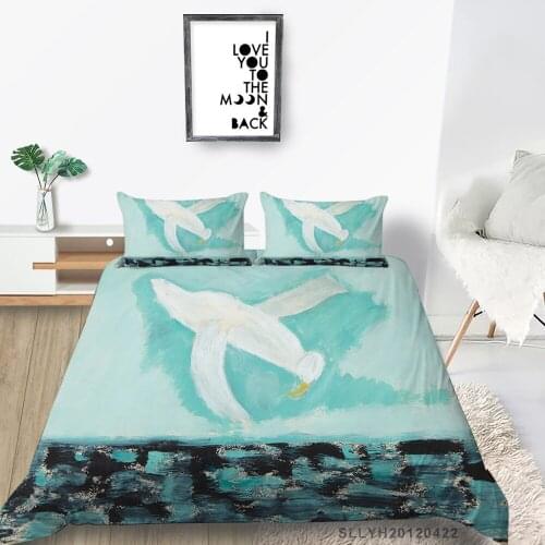 Abstract Sea Bed Set Queen Artistic Beautiful Quilt Cover White Bird King Twin Full Double Single Bedding Set For Kids
