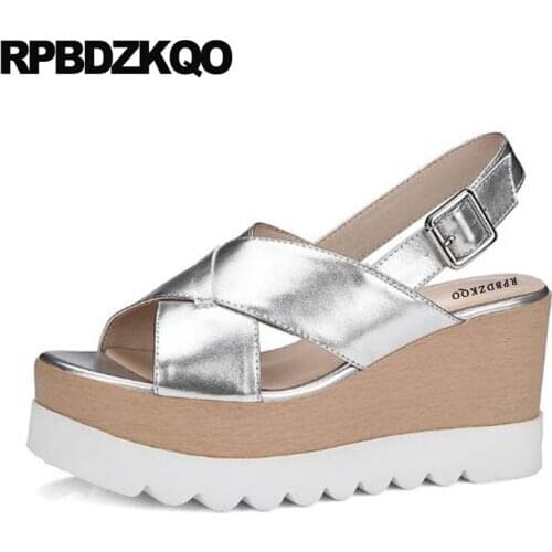Pumps Shoes Designer Flatform Slingback Wedge Sandals High Heels Platform Genuine Leather Peep Toe Strap Women Silver Harajuku