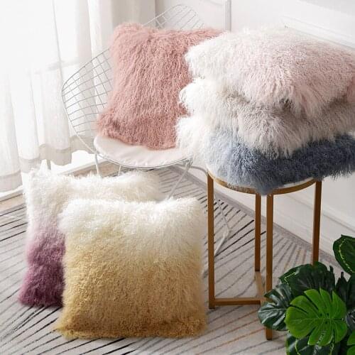 Single side gradient color Mongolian sheepskin curly fur pillow for furniture upholstery,gradually changing color fur cushion