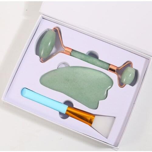 Rose Quartz Roller Jade Aventurine Natural Stone Facial Massager Jade Roller Scraper Mask Brush Three-piece Beautyface-lift Tool