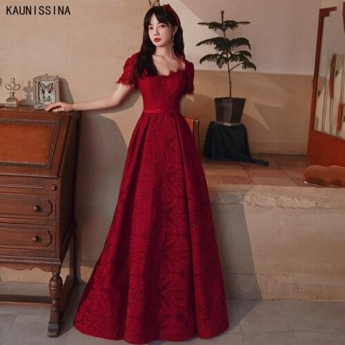 Luxury Evening Gowns for Women French Style Lace Square Collar Long Evening Dresses Wine Red Wedding Party Toast Dress Vestidos