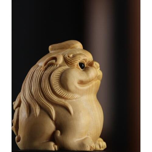 Boxwood 4.5cm Pixiu Sculpture Chinese Beast God Animal Statue Unicorn Feng Shui Lucky Home Decor