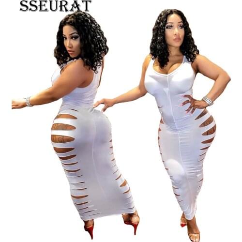 SSEURAT Women Dress Solid Hole Sleeveless V-neck Sheath Elastic Ankle-length Dresses Sexy Night Club Party Dress Summer