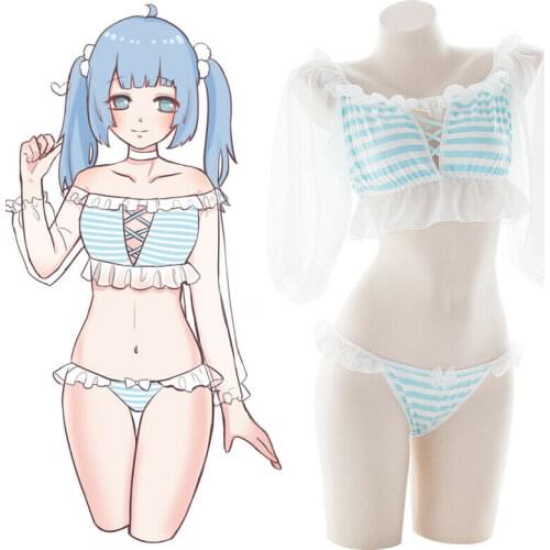 Japanese Sweet Lolita Sexy Sleepwear Stripe Puff Sleeve Pajamas Tops+Panties