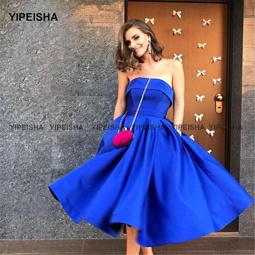 Yipeisha Simple Strapless Royal Blue Cocktail Dresses with Pockets A-line Satin Corset Tea-length Homecoming Gown
