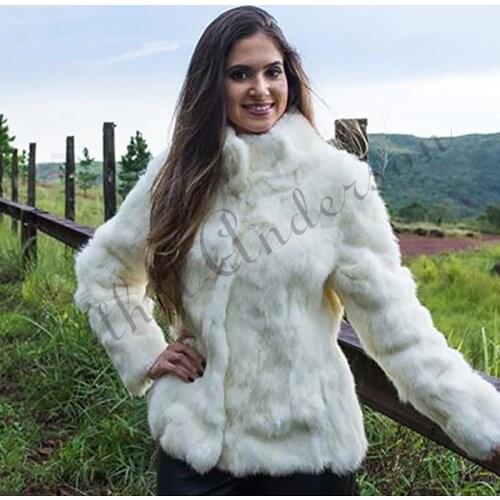 Ethel Anderson Womens Real Rabbit Fur Coat Stand-up Collar Design Jacket White/Black