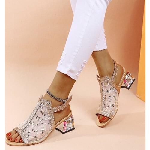 Koovan womens rhinestone sandals new 2021 summer female girls shoes diamond fashion shoes gauze sandals high heel shoes