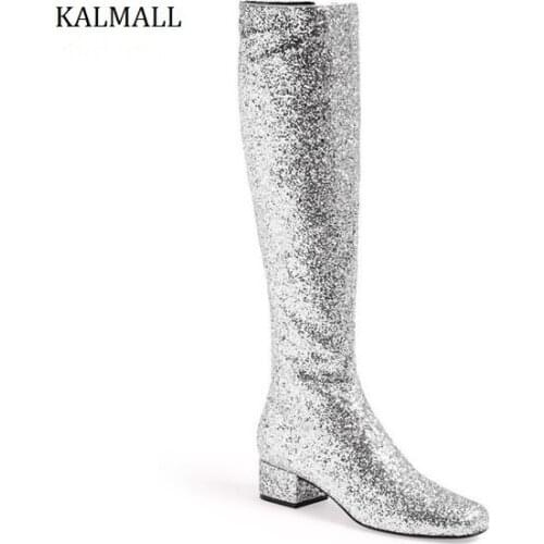 KALMALL Gold Silver Glitter Sequins Knee-High Boots Winter Low Heels Women Thigh High Boots Street Style Women Motorcycle Boots