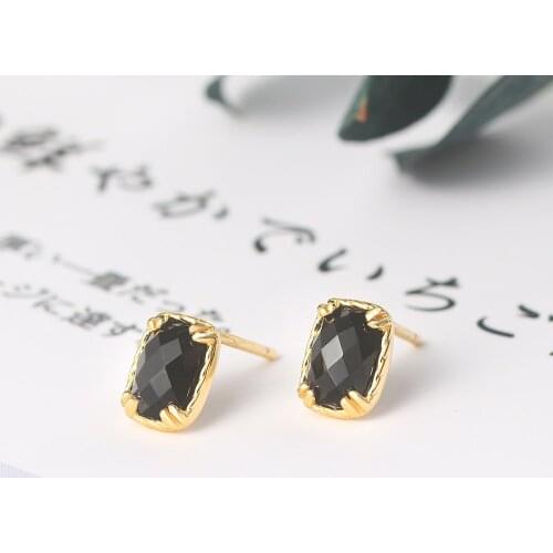 Mobuy 925 Sterling Silver Stud Earring For Women Natural Black Agale Flat Lattice Surface 14K Gold Plated Fine Jewelry MBEI119