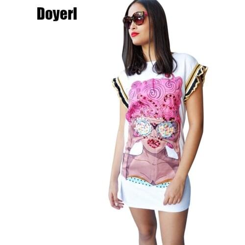 Character Print T Shirt Dress Women 2020 Short Sleeve O Neck Ruffle Sequin Tunic Mini Casual Dresses Fashion Summer Dress White