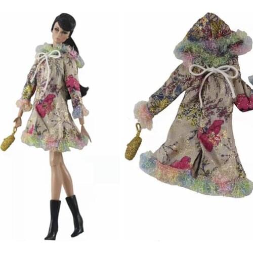 1/6 BJD Doll Clothes Fashion Floral Hoodies Jacket for Barbie Clothes Handbag Warm Coat Winter Dress Dolls Accessories Kids Toys
