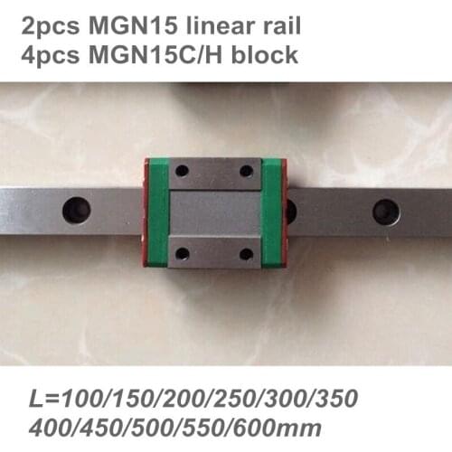 2pcs 15mm Linear Guide MGN15 L=100 200 300 400 500 600 mm miniature linear rail + 4pcs MGN15C or MGN15H Long linear carriage
