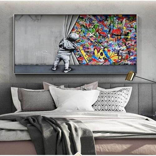 Kids Lover Behind The Curtain Street Art Canvas Posters and Prints Modern Graffit Art Paintings on the Wall Art Pictures Cuadros
