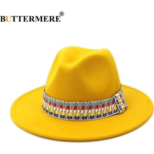 BUTTERMERE Yellow Fedora Hat Winter Panama Hat Women Elegant Ladies Felt Caps Vintage Autumn WInter Trilby Hat Wide Brim Fedora